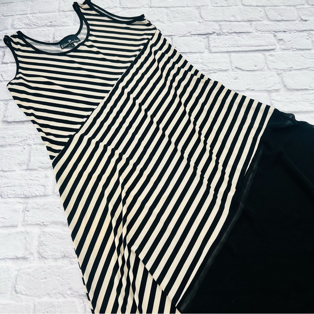 Ellen Parker L Tank Maxi Dress Black and Tan Striped Asymetrical Chiffon Trim - Picture 1 of 8